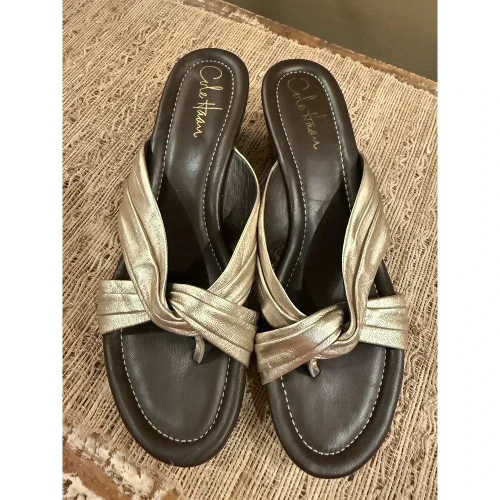 Cole Haan Air Eden Thong Gold Comfort‎ Wedge Platform Sandals 8.5 Slip On
